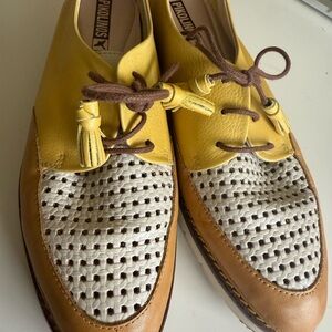 PIKOLINOS Yellow, Brown & Cream Woven Leather Flats made in Spain 🇪🇸
